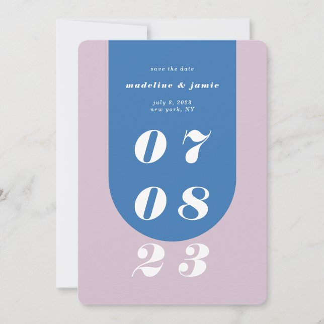Modern Minimal Blue, Purple Retro Arch Bold Date Save The Date (Front)