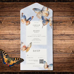 Modern Minimal Blue & Rust Butterflies QR Code All In One Invitation
