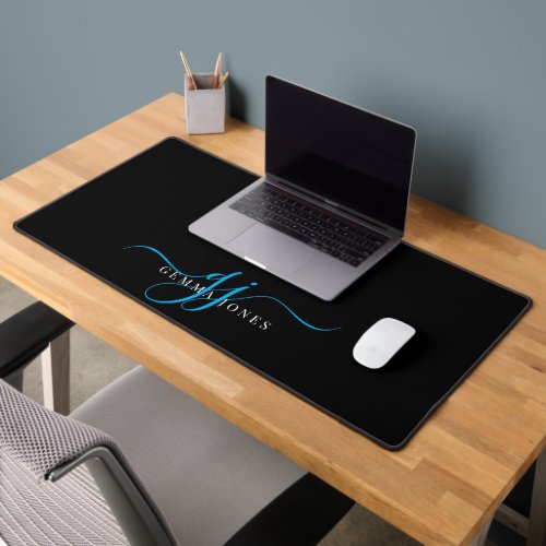 Modern Minimal Blue Script Monogram Black Desk Mat