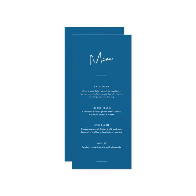 Modern Minimal Blue Script Wedding Menu (Front/Back In Situ)