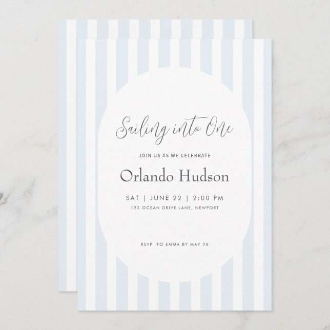 Modern Minimal Blue Stripe First Birthday Invitation (Front/Back)