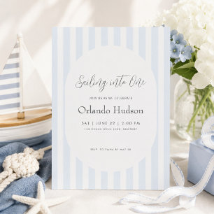 Modern Minimal Blue Stripe First Birthday Invitation