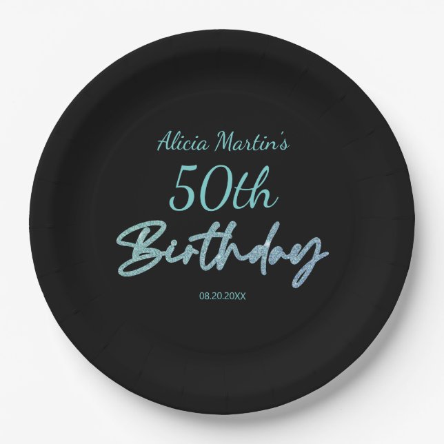Modern & Minimal Blue Typography Black Birthday Paper Plates (Front)