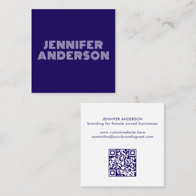 Modern Minimal Blue Typography Custom QR Code Square Business Card (Front/Back)