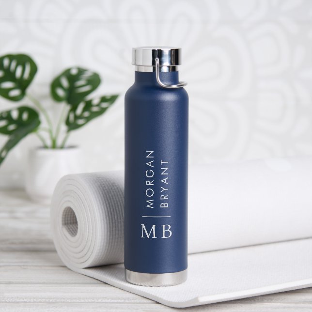Modern Minimal Blue White Monogram Initial Stylish Water Bottle (Yoga)