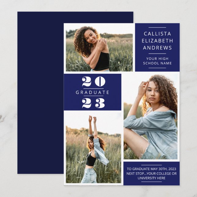 Modern Minimal Blue White Photo Grid Graduation Announcement (Front/Back)