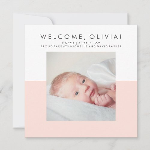 Modern Minimal Blush Pink Birth Announcement Photo