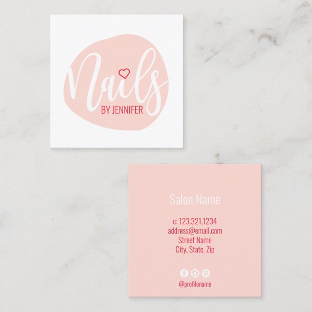 Modern minimal blush pink heart nails square business card (Front/Back)