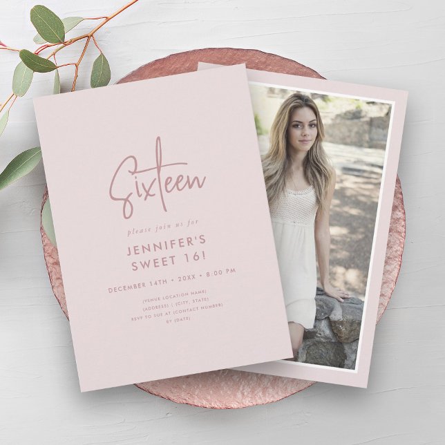 Modern Minimal Blush Pink Photo Sweet 16  Invitation (Modern Minimal Blush Pink Photo Sweet 16 Invitation)