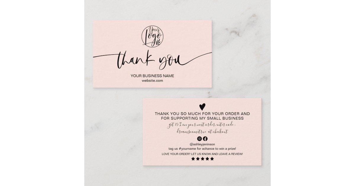 Modern minimal blush pink script order thank you business card | Zazzle
