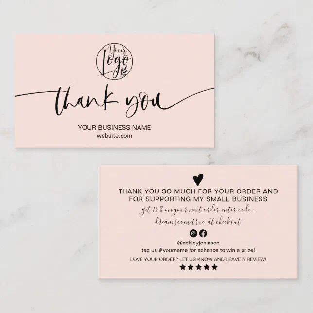 Modern minimal blush pink script order thank you business card | Zazzle