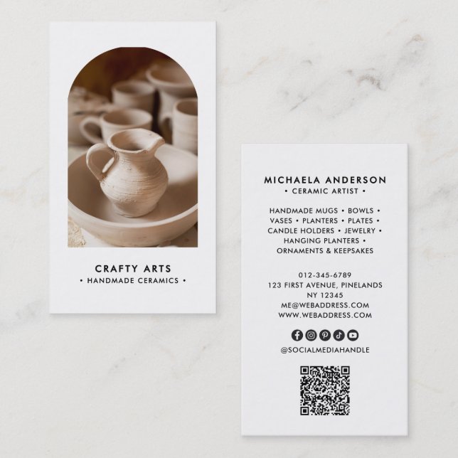 Modern Minimal Boho Arch Photo QR Code & Socials Business Card (Front/Back)