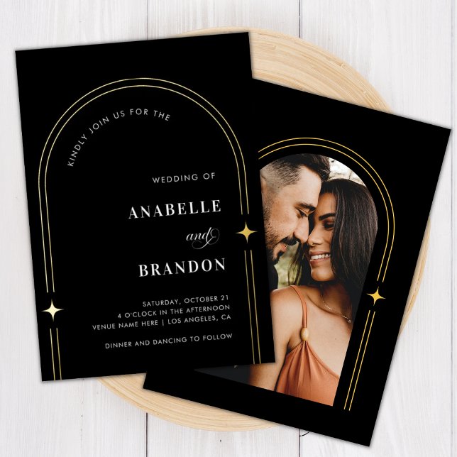 Modern Minimal Boho Arch & Photo Simple Black Gold Foil Invitation (Creator Uploaded)