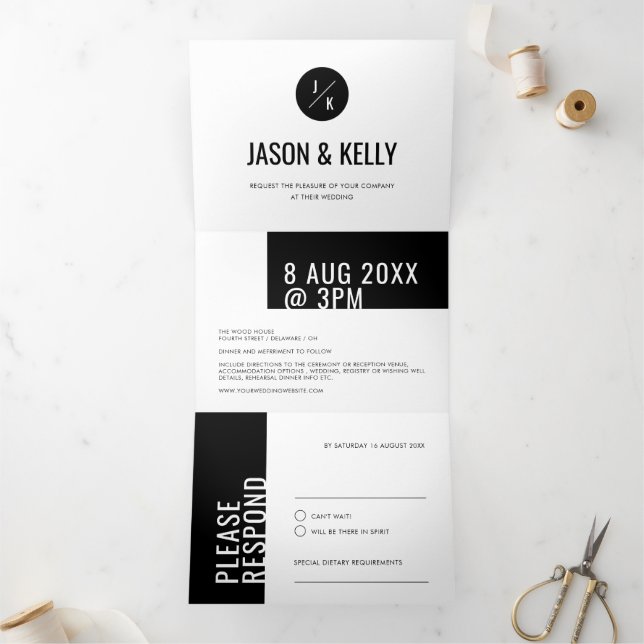 Modern Minimal Bold Black White Geo Simple Plain Tri-Fold Invitation (Inside)