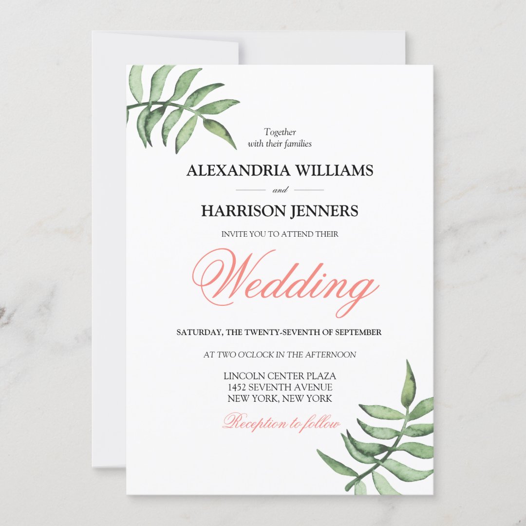 Modern Minimal Botanical Coral Green Wedding Invitation | Zazzle