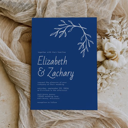 Modern Minimal Botanical Indigo Blue Wedding Invitation