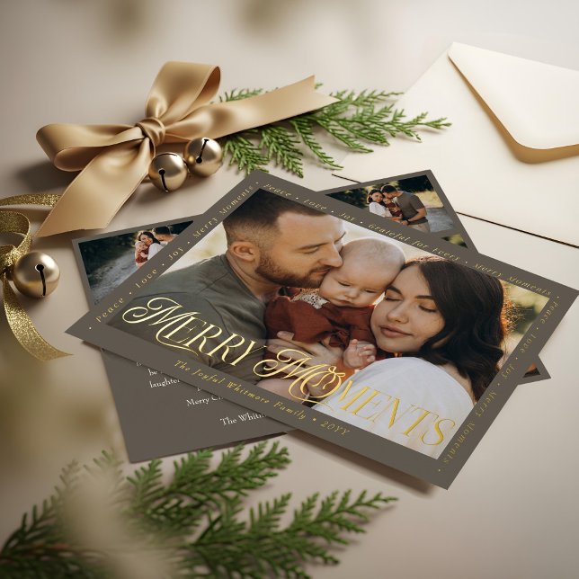 Modern Minimal Bow Merry Moments Photo Collage Foil Holiday Card (Modern Minimal Bow Merry Moments Photo Collage Foil Holiday Card)