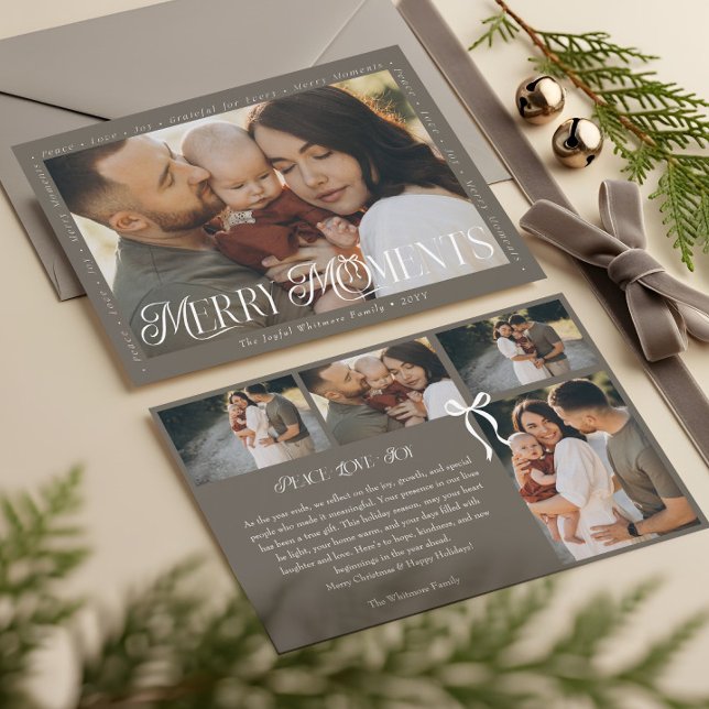 Modern Minimal Bow Merry Moments Photo Collage Holiday Card (Modern Minimal Bow Merry Moments Photo Collage Holiday Card)