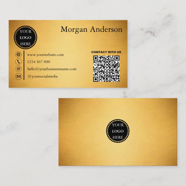 Modern Minimal Brushed Gold Metal Effect QR Code  Business Card (Front/Back)