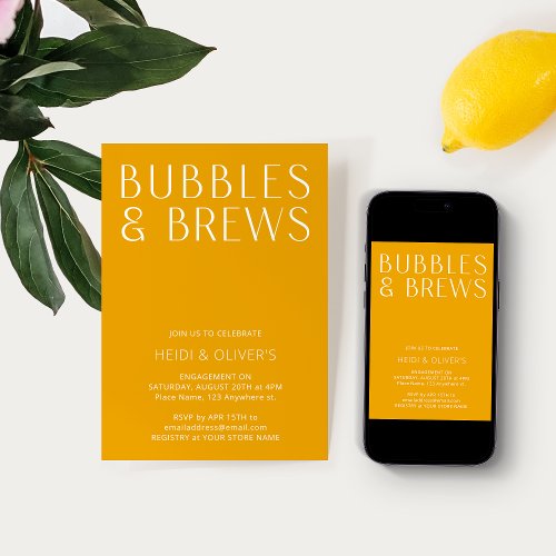 Modern Minimal Bubbles  Brews Yellow Engagement Invitation