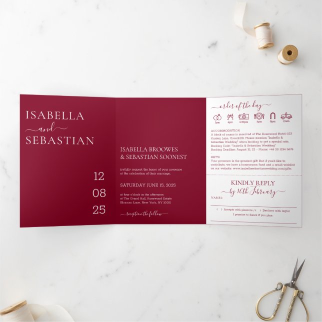 Modern Minimal Burgundy All-in-One Wedding Tri-Fold Invitation (Inside)