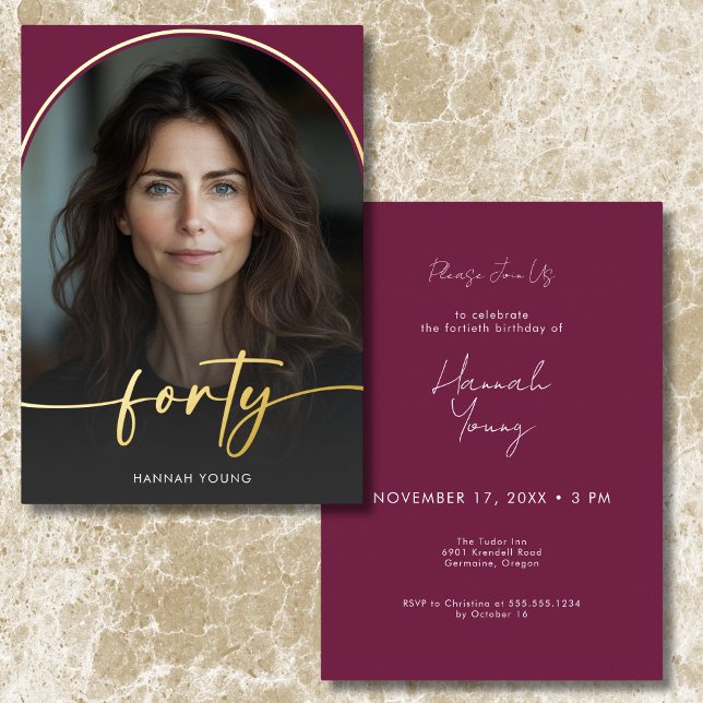 Modern Minimal Burgundy Arch Fortieth Birthday Foil Invitation (Modern Minimal Burgundy Arch Fortieth Birthday Foil Invitation)