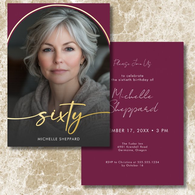 Modern Minimal Burgundy Arch Sixtieth Birthday Foil Invitation (Modern Minimal Burgundy Arch Sixtieth Birthday Foil Invitation)