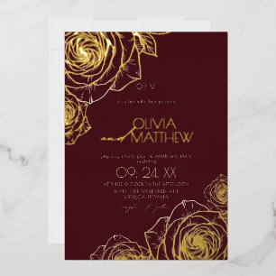 Modern Minimal Burgundy Flowers Gold Rose Wedding Foil Invitation