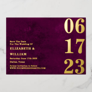 Modern Minimal Burgundy Gold Photo Save The Date Foil Invitation