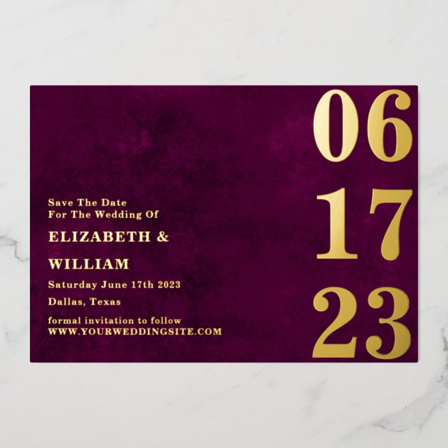 Modern Minimal Burgundy Gold Photo Save The Date Foil Invitation (Front)