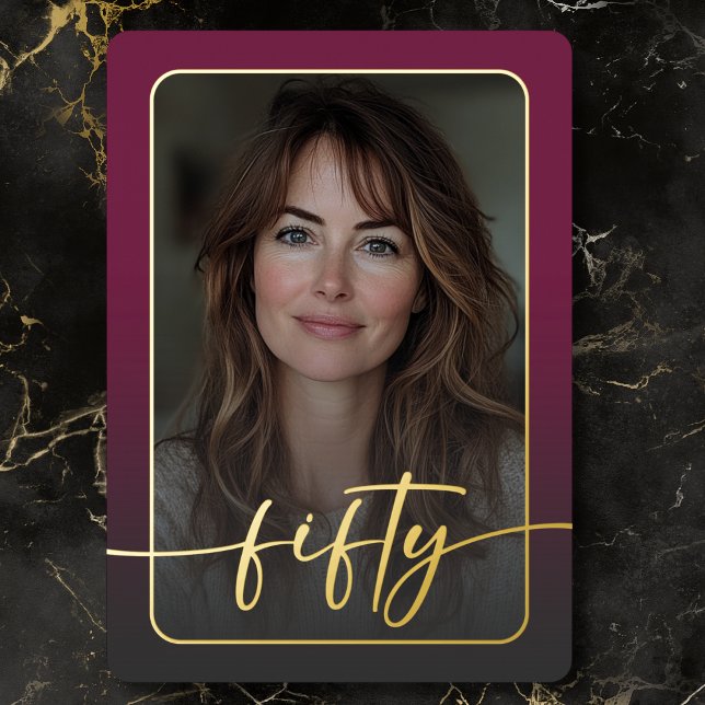 Modern Minimal Burgundy Photo Fiftieth Birthday Foil Invitation (Modern Minimal Burgundy Photo Fiftieth Birthday Foil Invitation)