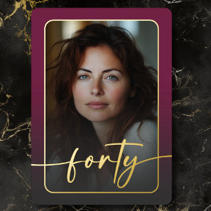 Modern Minimal Burgundy Photo Fortieth Birthday Foil Invitation