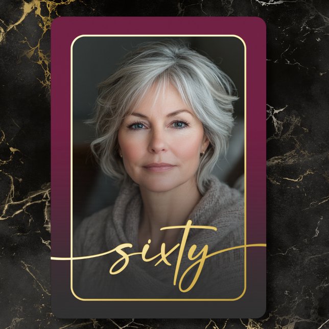 Modern Minimal Burgundy Photo Sixtieth Birthday Foil Invitation (Modern Minimal Burgundy Photo Sixtieth Birthday Foil Invitation)