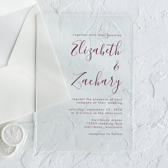 Modern Minimal Burgundy Script Wedding Acrylic Invitations (Creator Uploaded)
