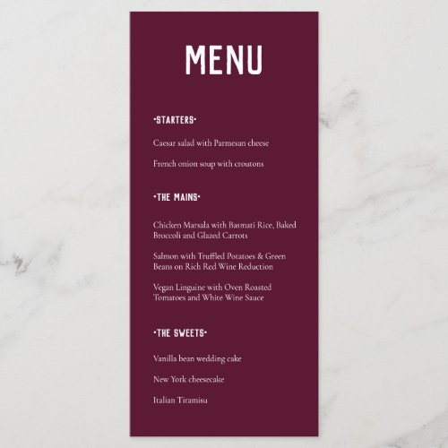 Modern Minimal Burgundy Typography Wedding Menu