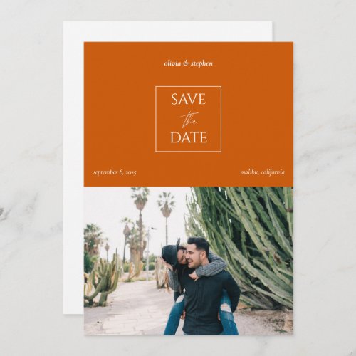 Modern Minimal Burnt Orange Typography Photo Save The Date