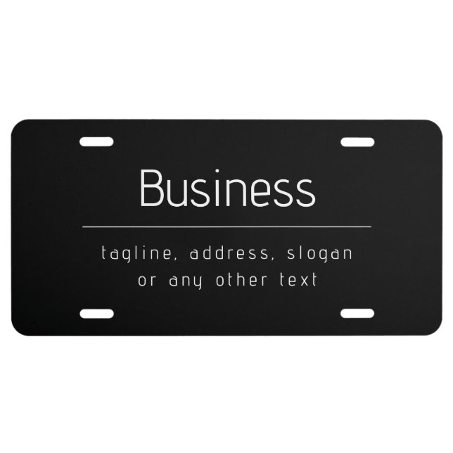 Modern Minimal Business Name & other Info | Black License Plate (Front)