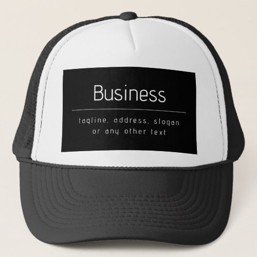 Modern Minimal Business Name  other Info  Black Trucker Hat