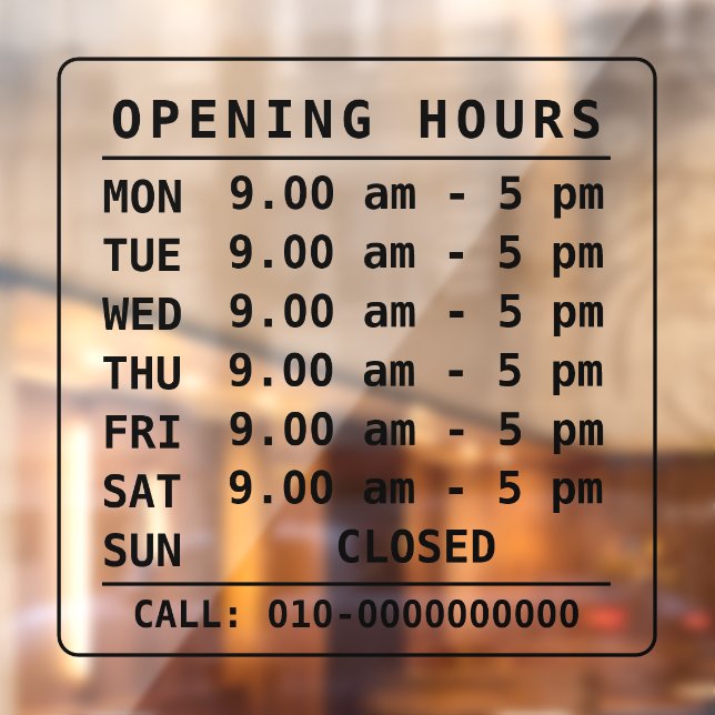 Modern, Minimal Business Opening Time Hours Door Window Cling (Sheet 2)