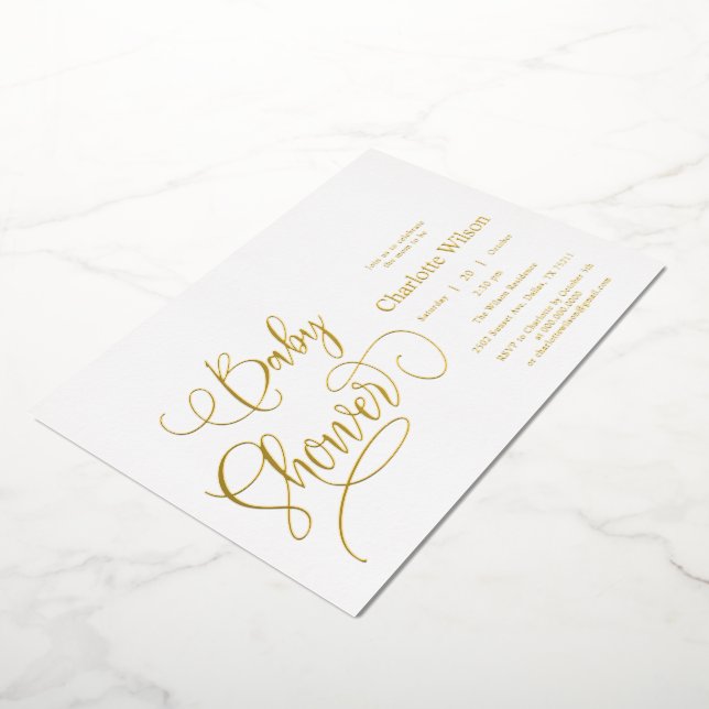 Modern Minimal Calligraphy Baby Shower Foil Invitation (Rotated)
