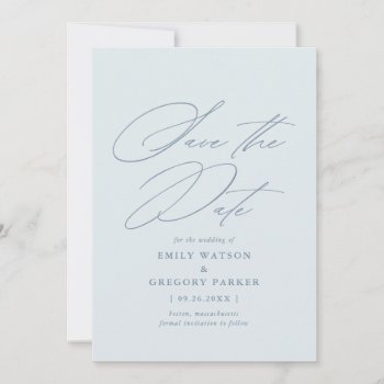Modern Minimal Calligraphy Dusty Blue Wedding Save The Date by NBpaperco at Zazzle