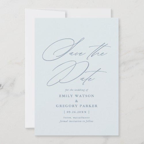 Modern Minimal Calligraphy Dusty Blue Wedding Save The Date