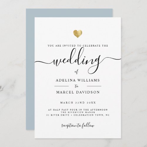 Modern Minimal Calligraphy Gold Dusty Blue Wedding Invitation