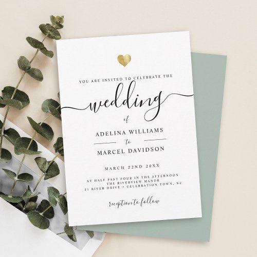 Modern Minimal Calligraphy Gold Greenery Wedding Invitation