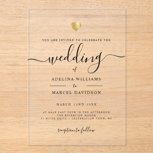 Modern Minimal Calligraphy Gold Heart Wedding Acrylic Invitations