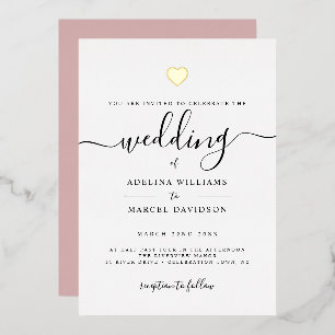 Modern Minimal Calligraphy Gold Heart Wedding Foil Invitation