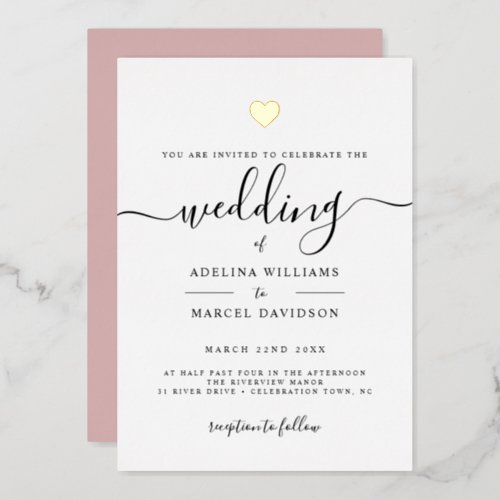 Modern Minimal Calligraphy Gold Heart Wedding Foil Invitation