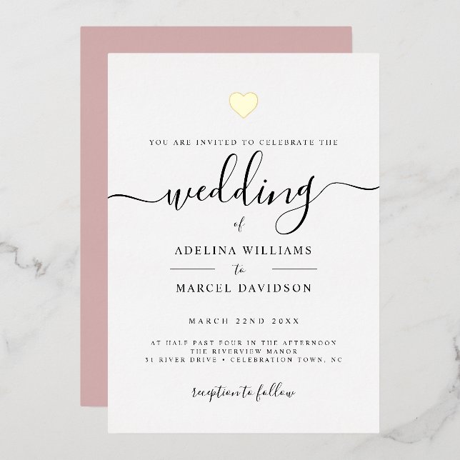 Modern Minimal Calligraphy Gold Heart Wedding Foil Invitation (Front/Back)