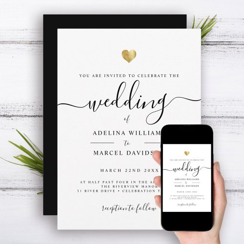 Modern Minimal Calligraphy Gold Heart Wedding Invitation