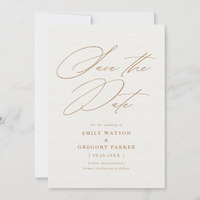 Modern Minimal Calligraphy Gold Wedding Save The Date (Front)